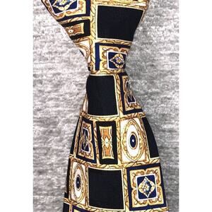 Vtg Bruno Piattelli Roma Silk Tie Gold Black Geometric Medallion Baroque Italy